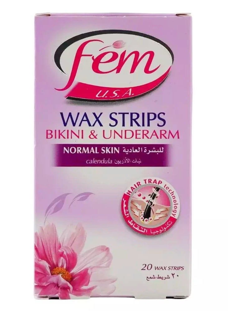fem Bikini & Underarm 20 Wax Strips Enriched With Calendula For Normal Skin - Image 1