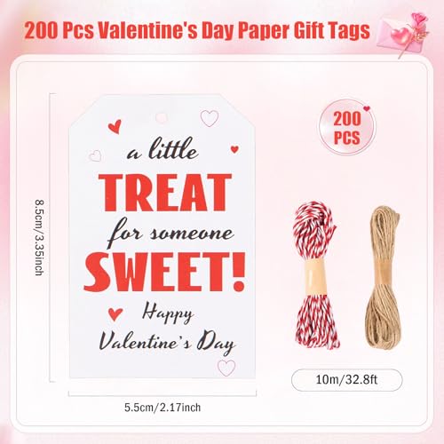 MoDooris 200 Pack Valentine’s Day Gift Tags Valentine Treat Sweet Paper Hanging Tags with Red White String & Jute Twine, Heart Gift Wrapping Supplies for Party Favors, Treat Bags, Gifts - Image 2