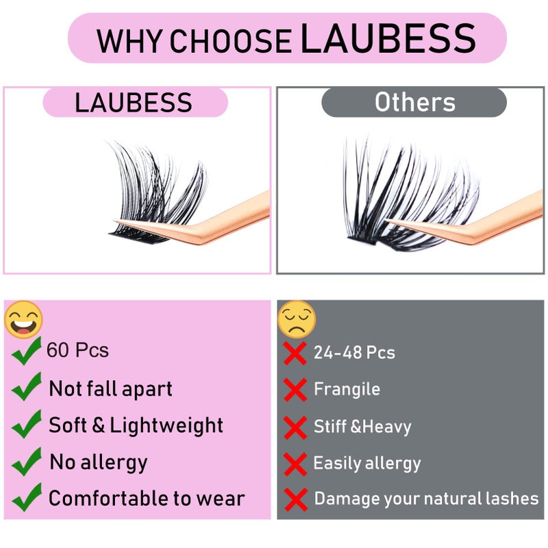 LAUBESS Cluster Lashes Mixed Length Individual Lashes D Curl Lash Clusters Volume Eyelash Clusters DIY Lash Extension Kit Fluffy Cluster Eyelash Extensions (02-0.07D, 9-16mm) - Image 3