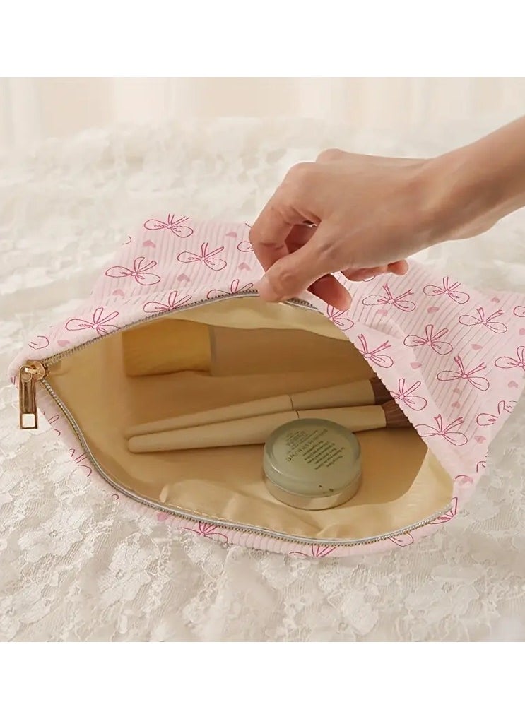 Rozino Unique, Chic Bow & Heart Print Corduroy Makeup Bag - Lightweight, Multi-Functional Cosmetic Pouch with Lining for Travel & Toiletries  - Image 3