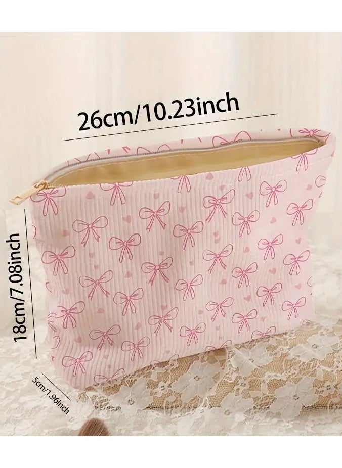 Rozino Unique, Chic Bow & Heart Print Corduroy Makeup Bag - Lightweight, Multi-Functional Cosmetic Pouch with Lining for Travel & Toiletries  - Image 4