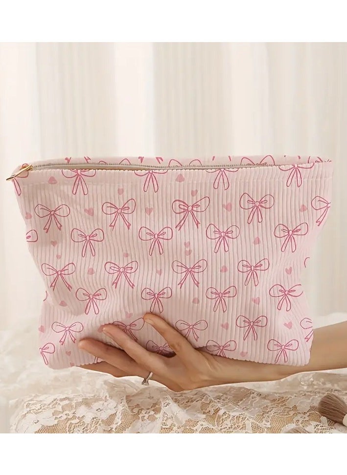 Rozino Unique, Chic Bow & Heart Print Corduroy Makeup Bag - Lightweight, Multi-Functional Cosmetic Pouch with Lining for Travel & Toiletries  - Image 1
