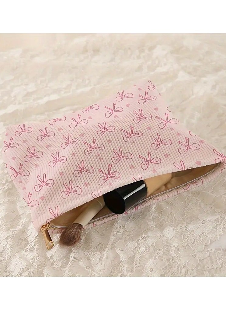 Rozino Unique, Chic Bow & Heart Print Corduroy Makeup Bag - Lightweight, Multi-Functional Cosmetic Pouch with Lining for Travel & Toiletries  - Image 5