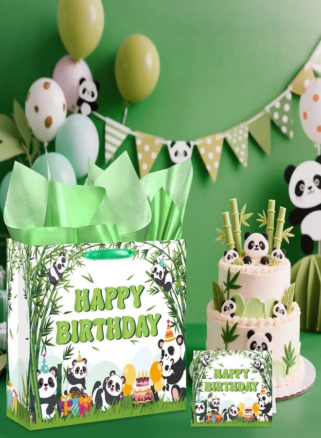LUUFILx Panda Birthday Gift Bag for Girls Boys Green Cute Panda Party Goodie Bags with Tissue Paper Greeting Card Pandas Bamboo Theme Gift Wrapping Paper with Handle for Kids Birthday Party Decor Supplies - Image 2