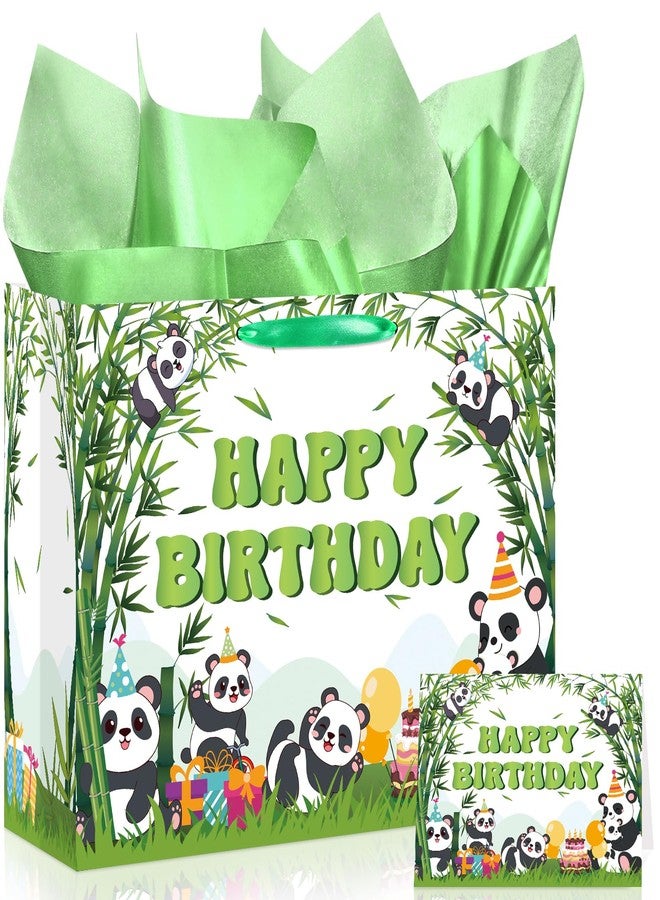 LUUFILx Panda Birthday Gift Bag for Girls Boys Green Cute Panda Party Goodie Bags with Tissue Paper Greeting Card Pandas Bamboo Theme Gift Wrapping Paper with Handle for Kids Birthday Party Decor Supplies - Image 1