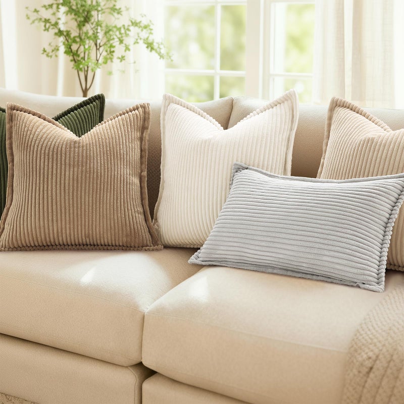 Mecatny Corduroy Summer Throw Pillow Covers 18x18 Set of 2, Neutral Decorative Soft Boho Couch Pillow Covers with Broadside for Sofa Living Room, Cream White - Image 2