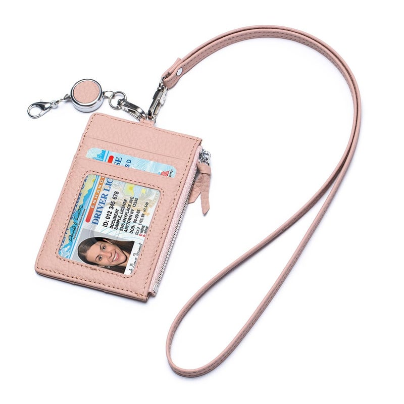 Karmiir Leather ID Case with Lanyard, Minimalist Slim Badge Holder Card Wallet for Women & Men, Fashion ID Case with Clear Window, Zipper Pocket & Retractable Badge Reelï¼ˆPinkï¼‰ - Image 1