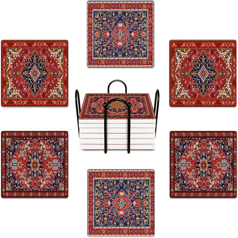 Bribay Coasters for Drinks Set of 6, Tribal Geometric Pattern Absorbent Square Ceramic Stone Mat, with Cork Base and Metal Holder, Gift for Housewarming Room Bar Decor - Image 1