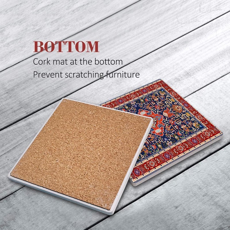 Bribay Coasters for Drinks Set of 6, Tribal Geometric Pattern Absorbent Square Ceramic Stone Mat, with Cork Base and Metal Holder, Gift for Housewarming Room Bar Decor - Image 5