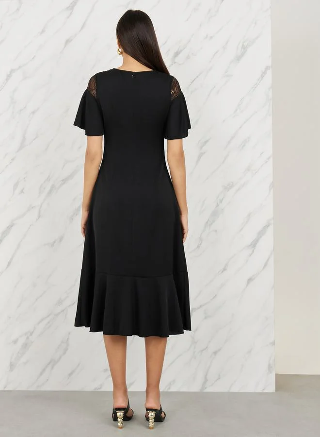 Styli Mesh Insert Ruffle Detail A-Line Midi Dress