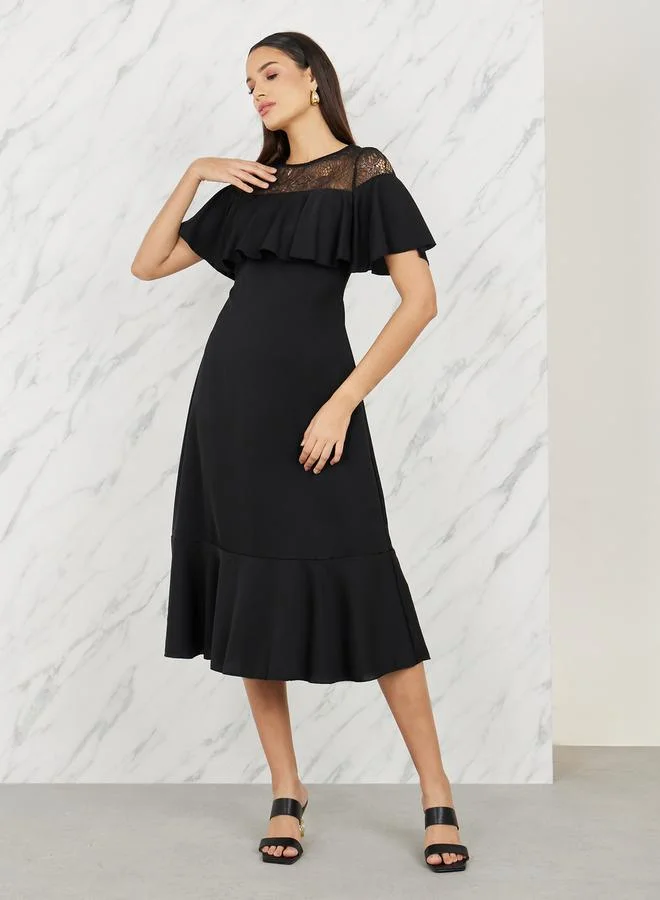 Styli Mesh Insert Ruffle Detail A-Line Midi Dress