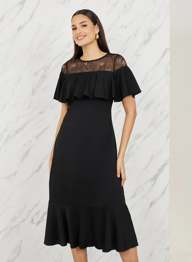 Styli Mesh Insert Ruffle Detail A-Line Midi Dress