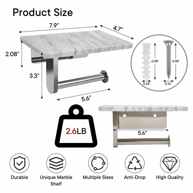 Nodafuer Toilet Paper Holder with Natural Marble Shelf for Bathroom Washroom Wall Mounted Tissue Holder Suitable for Mega Roll (Brushed Nickel  Middle 7.87 * 4.72 in) - Image 2