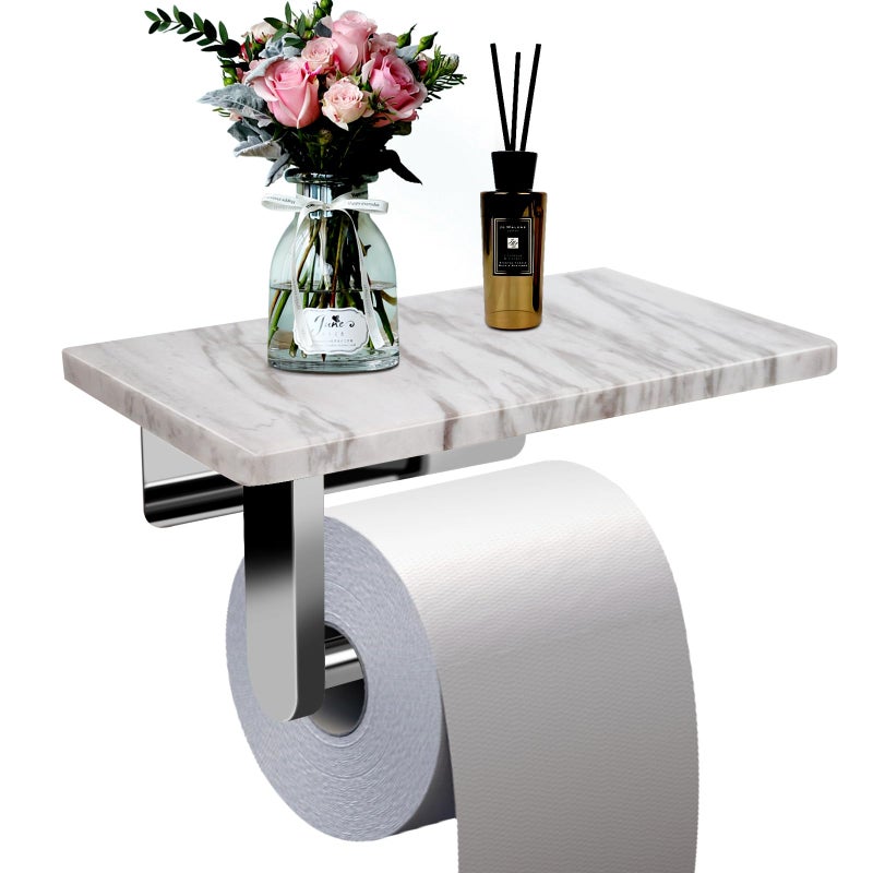 Nodafuer Toilet Paper Holder with Natural Marble Shelf for Bathroom Washroom Wall Mounted Tissue Holder Suitable for Mega Roll (Brushed Nickel  Middle 7.87 * 4.72 in) - Image 1