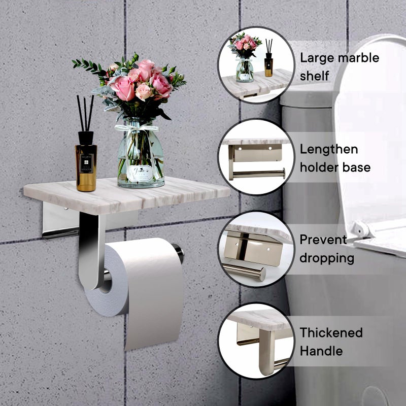 Nodafuer Toilet Paper Holder with Natural Marble Shelf for Bathroom Washroom Wall Mounted Tissue Holder Suitable for Mega Roll (Brushed Nickel  Middle 7.87 * 4.72 in) - Image 3