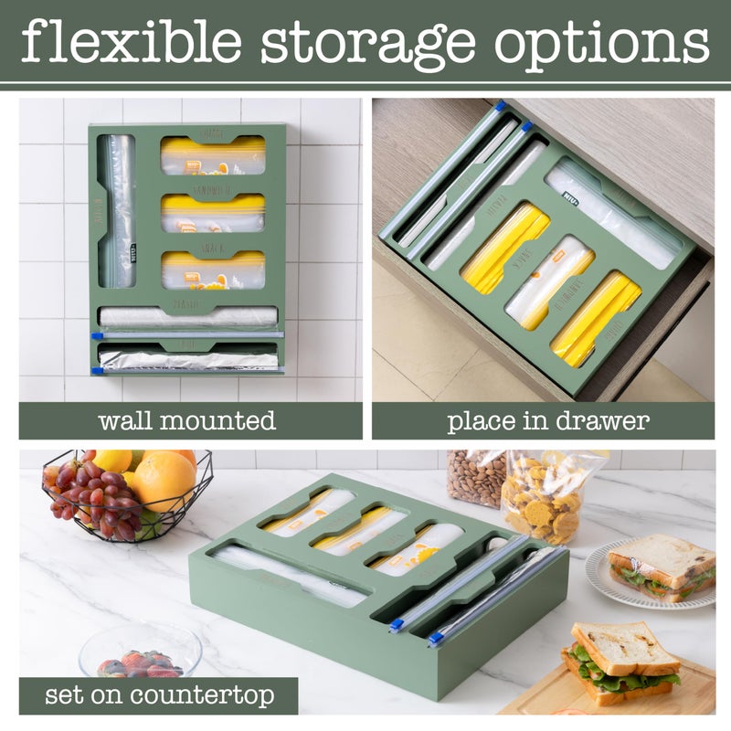 Rae Dunn Bamboo Bag Organizer for Kitchen Drawer - Durable Wood Organizer for Kitchen Storage - Holds Gallon, Quart, Snack, Sandwich Size Baggies, Plastic Wrap and Foil - Image 4