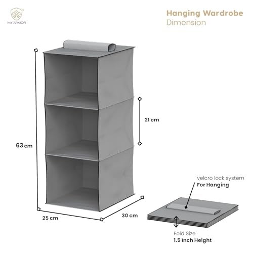 MY ARMOR Hanging Shelf Cloth Storage Organizer, Universal Fit Hanging Closet Organizer for Wardrobe, 10 x 12 x 35 Inches (Grey, 3 Tier Shelf, Pack of 2) - Image 3