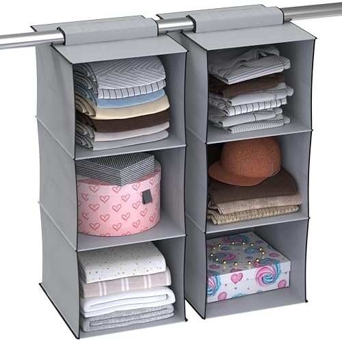 MY ARMOR Hanging Shelf Cloth Storage Organizer, Universal Fit Hanging Closet Organizer for Wardrobe, 10 x 12 x 35 Inches (Grey, 3 Tier Shelf, Pack of 2) - Image 1