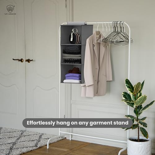 MY ARMOR Hanging Shelf Cloth Storage Organizer, Universal Fit Hanging Closet Organizer for Wardrobe, 10 x 12 x 35 Inches (Grey, 3 Tier Shelf, Pack of 2) - Image 4