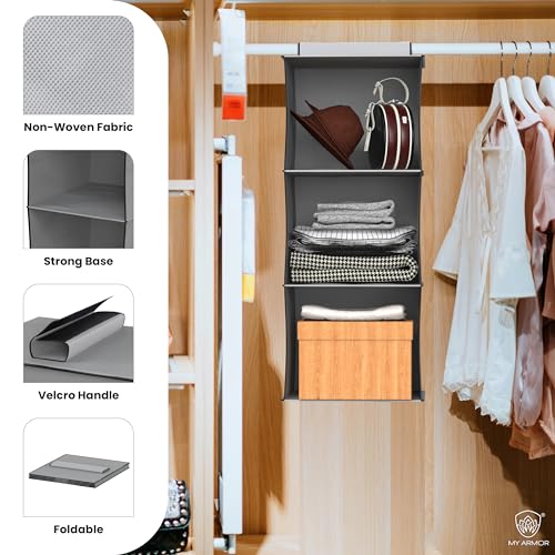 MY ARMOR Hanging Shelf Cloth Storage Organizer, Universal Fit Hanging Closet Organizer for Wardrobe, 10 x 12 x 35 Inches (Grey, 3 Tier Shelf, Pack of 2) - Image 2