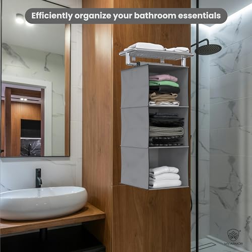 MY ARMOR Hanging Shelf Cloth Storage Organizer, Universal Fit Hanging Closet Organizer for Wardrobe, 10 x 12 x 35 Inches (Grey, 3 Tier Shelf, Pack of 2) - Image 5