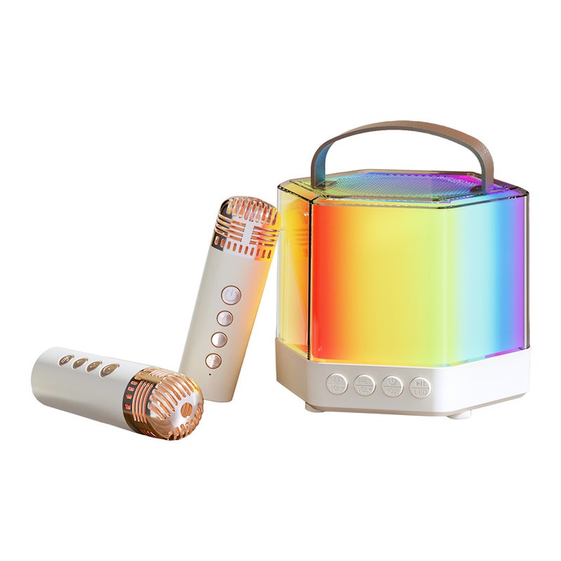 آلة كاريوكي صغيرة وميكروفون لاسلكي ومجموعة مكبرات صوت مع ميكروفونين ذي ضوء ملون RGB - ميكروفون محمول هدية لاحتفال الميلاد ومسطح المكتب ومكتبة كاريوكي محمولة مزدوجة الميكروفون للخارج - Image 1