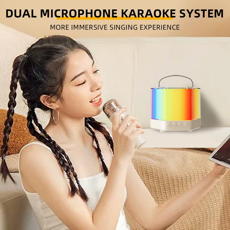 آلة كاريوكي صغيرة وميكروفون لاسلكي ومجموعة مكبرات صوت مع ميكروفونين ذي ضوء ملون RGB - ميكروفون محمول هدية لاحتفال الميلاد ومسطح المكتب ومكتبة كاريوكي محمولة مزدوجة الميكروفون للخارج - Image 4