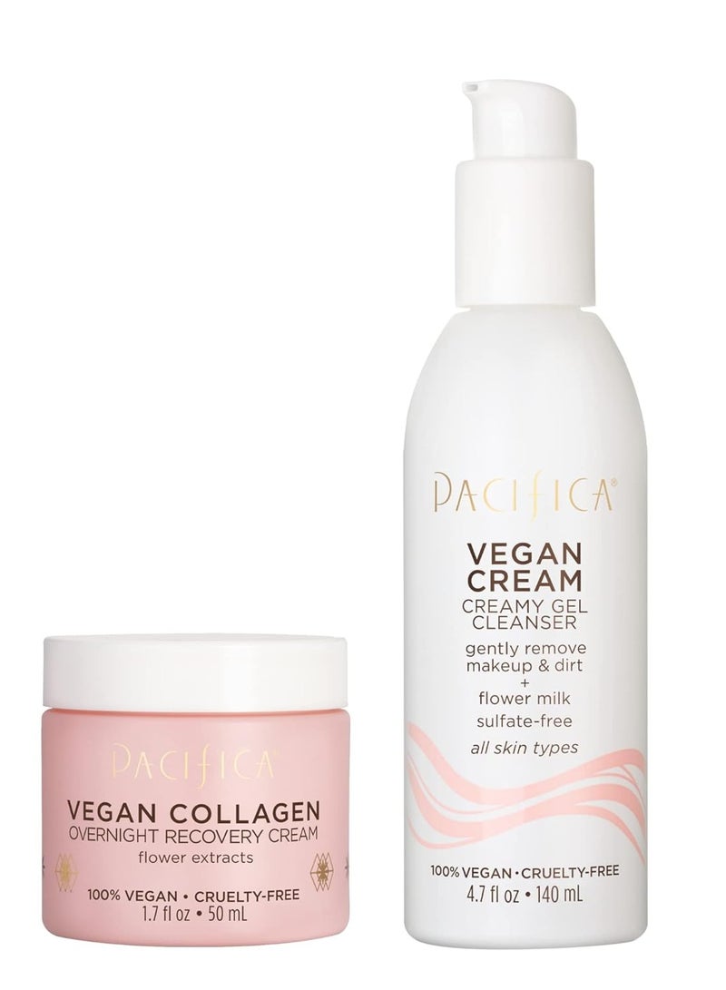 Pacifica Pacifica Beauty Vegan Collagen Overnight Recovery Cream & Vegan Cream Creamy Gel Cleanser Set, Skincare, Face Wash, Moisturizer, Hyaluronic Acid, For Aging, Dry Skin, 1.7 oz and 4.7 oz (Set of 2)