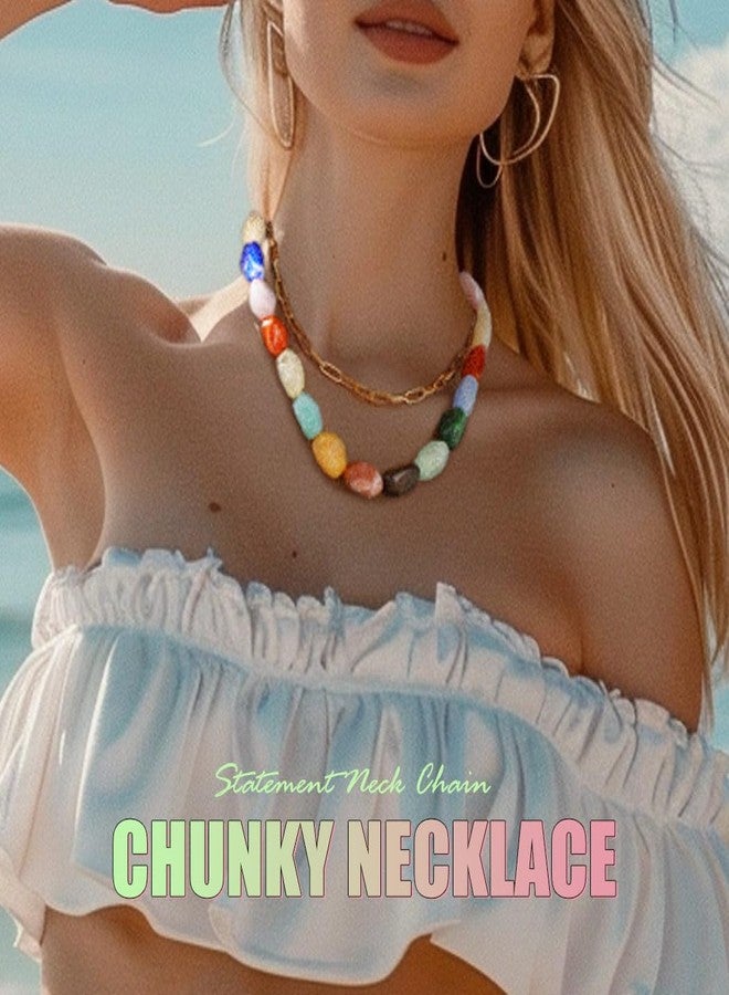 ACEDRE Colorful Statement Gemstone Necklace Chunky Layered Beaded Choker for Women - Image 4
