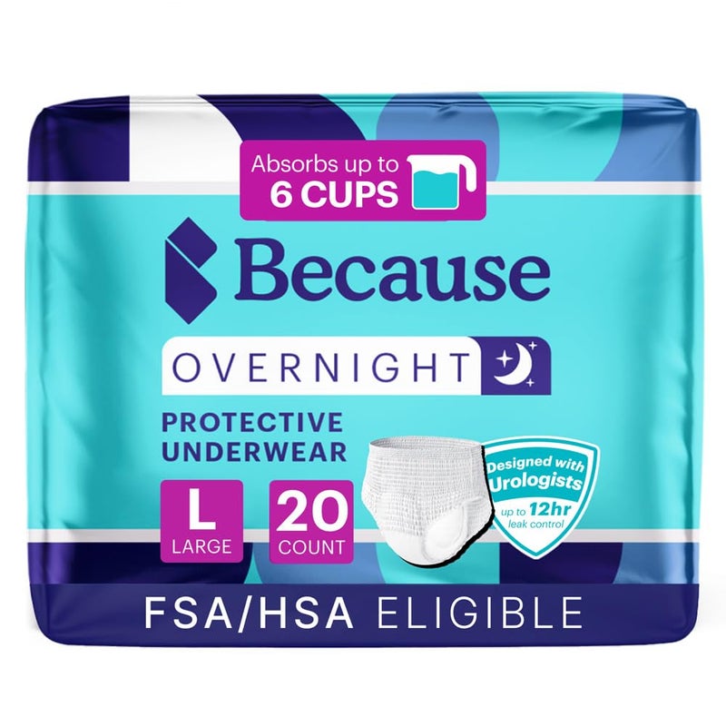 Because Overnight Absorbency Pull Ups - Adult Disposable Incontinence Underwear, Extra Absorbent Nighttime Briefs for Men and Women, White, Large, 20 Count - Image 1