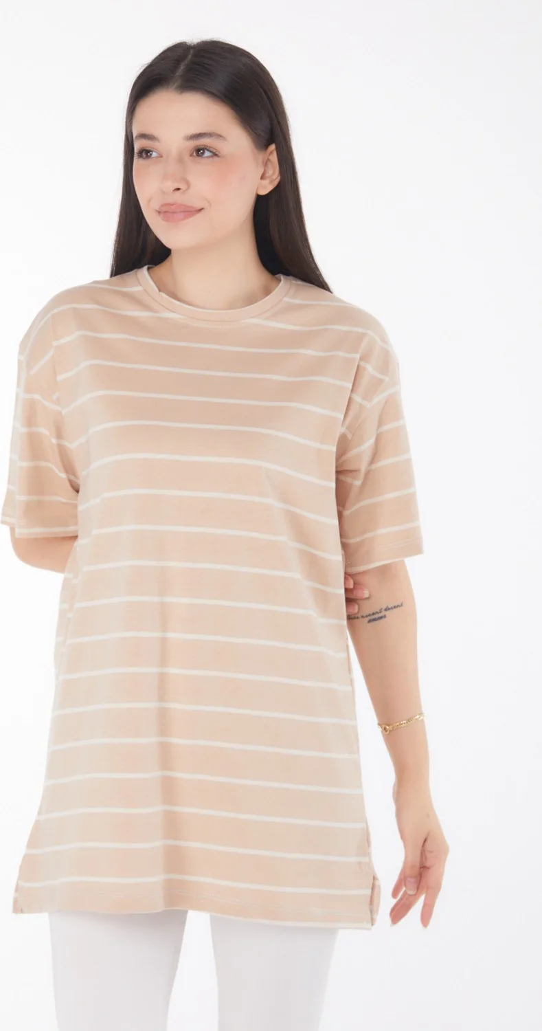 Tofisa Plain Crew Neck Women's Mink Striped Short Sleeve T-Shirt - 25764