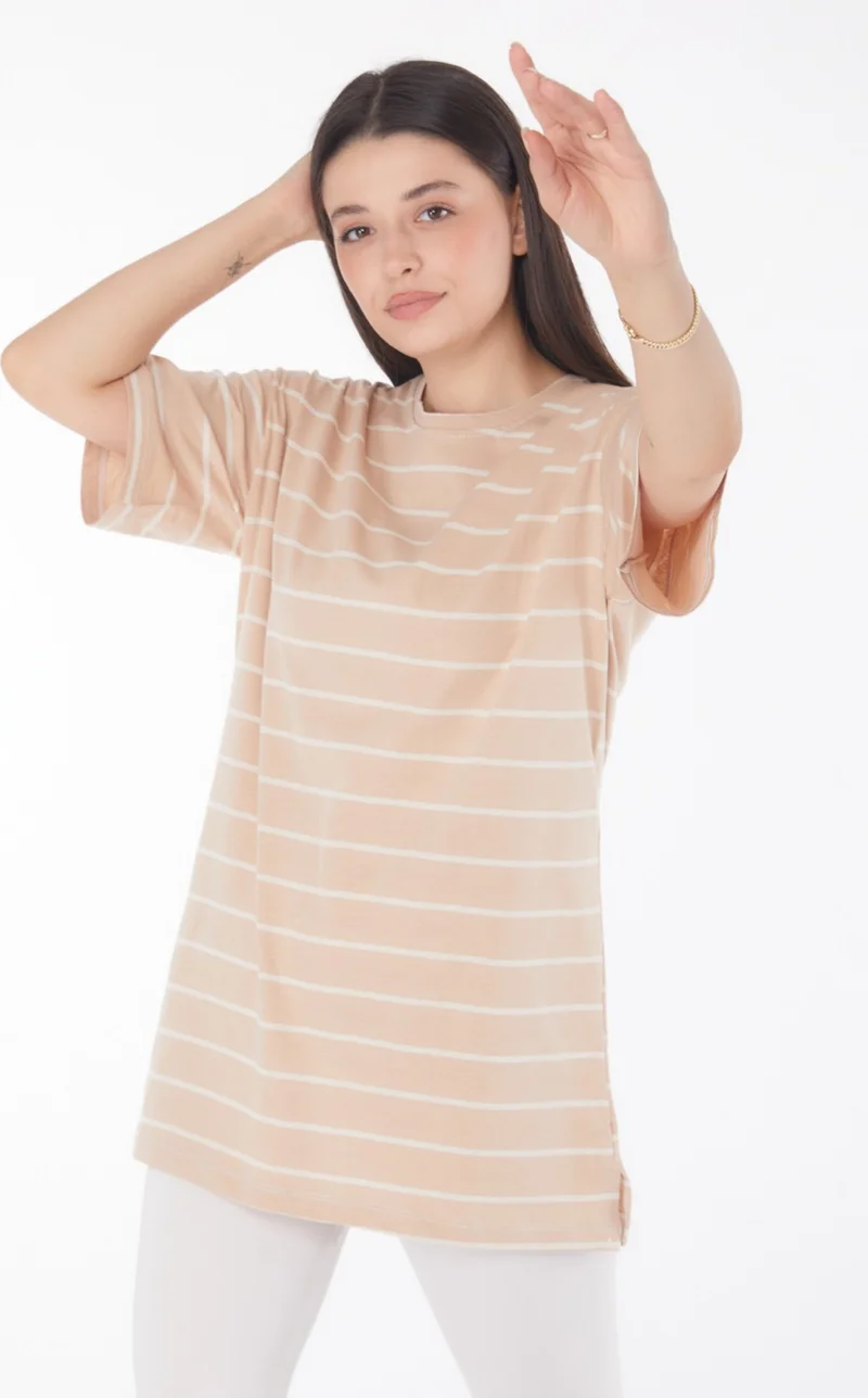 Tofisa Plain Crew Neck Women's Mink Striped Short Sleeve T-Shirt - 25764