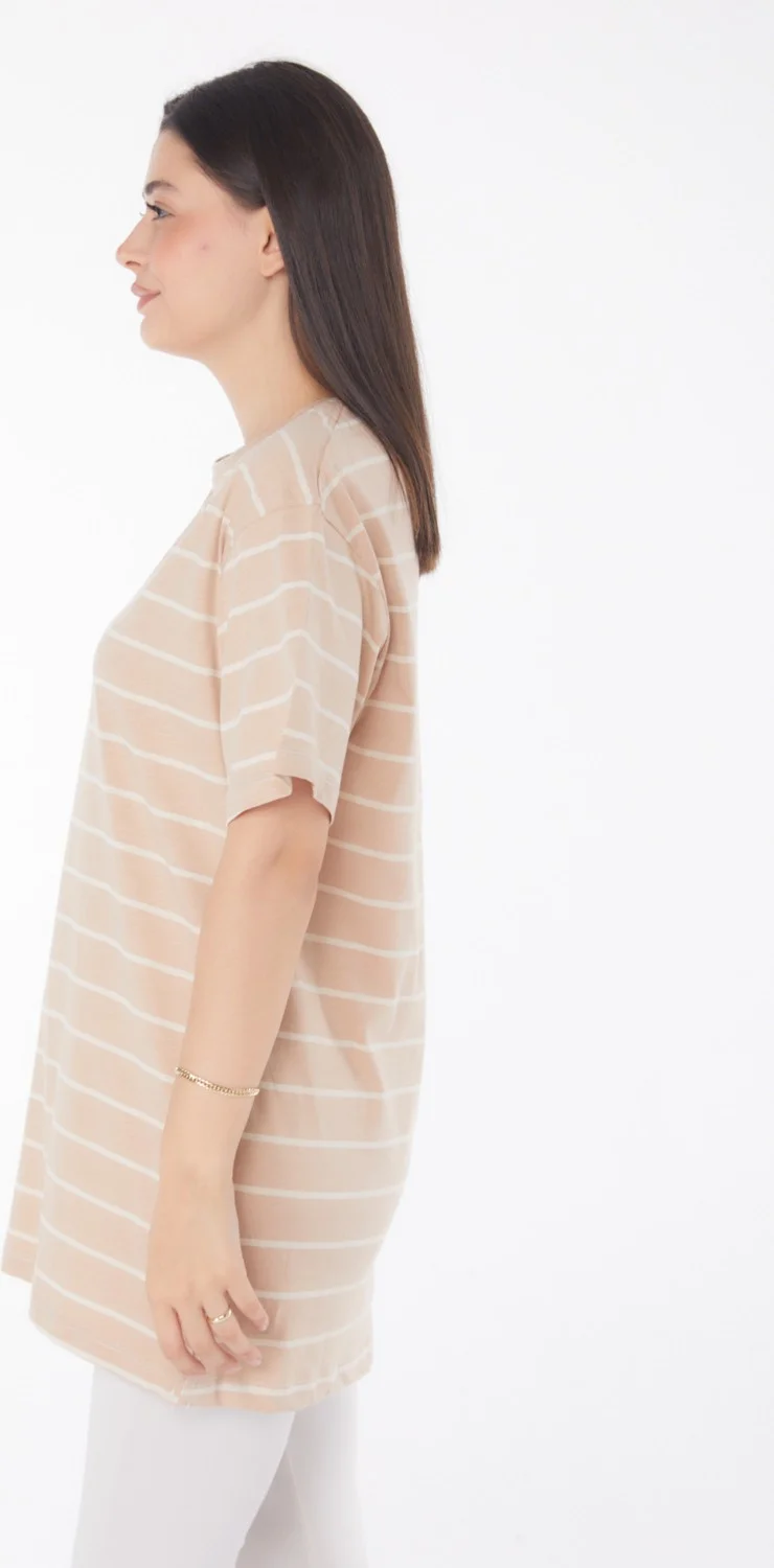 Tofisa Plain Crew Neck Women's Mink Striped Short Sleeve T-Shirt - 25764
