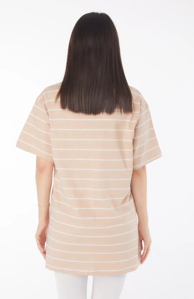 Tofisa Plain Crew Neck Women's Mink Striped Short Sleeve T-Shirt - 25764
