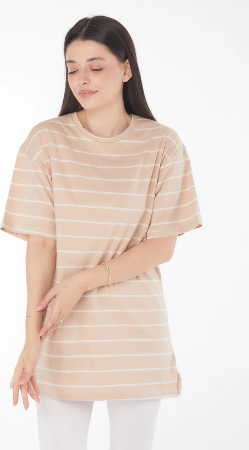 Tofisa Plain Crew Neck Women's Mink Striped Short Sleeve T-Shirt - 25764