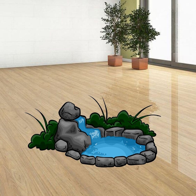 World Care Pond, Stones, Lotus Floor Sticker, 3D, Bedroom, Living Room, Drawing Room, for Kids Room, Bathroom, Peel and Stick, PVC Vinyl, Easy to use, Multicolor Size 25 cm X 47 cm, Pack of 1  - Image 2