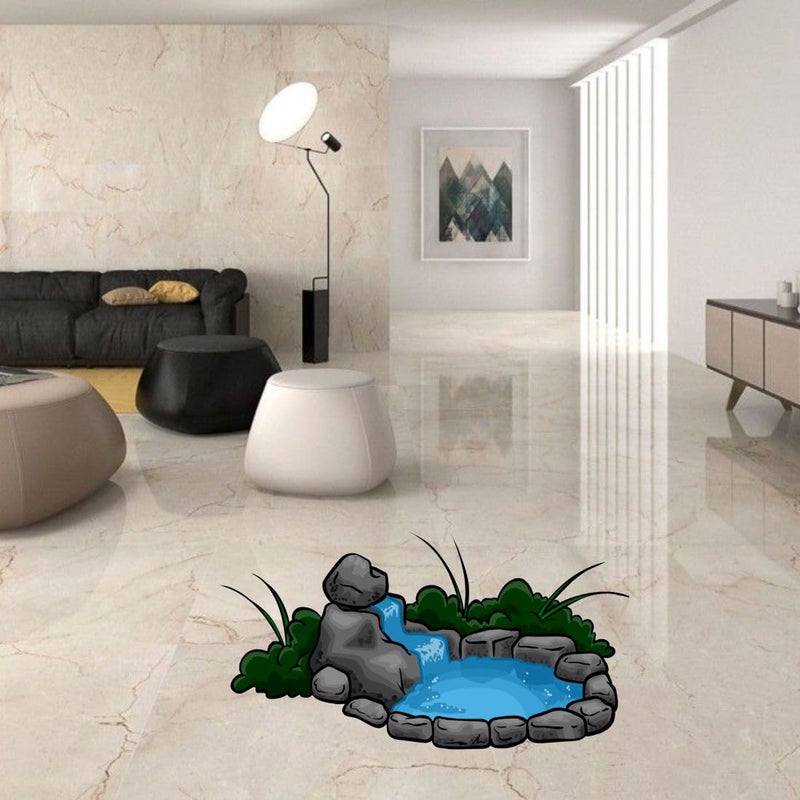 World Care Pond, Stones, Lotus Floor Sticker, 3D, Bedroom, Living Room, Drawing Room, for Kids Room, Bathroom, Peel and Stick, PVC Vinyl, Easy to use, Multicolor Size 25 cm X 47 cm, Pack of 1  - Image 4