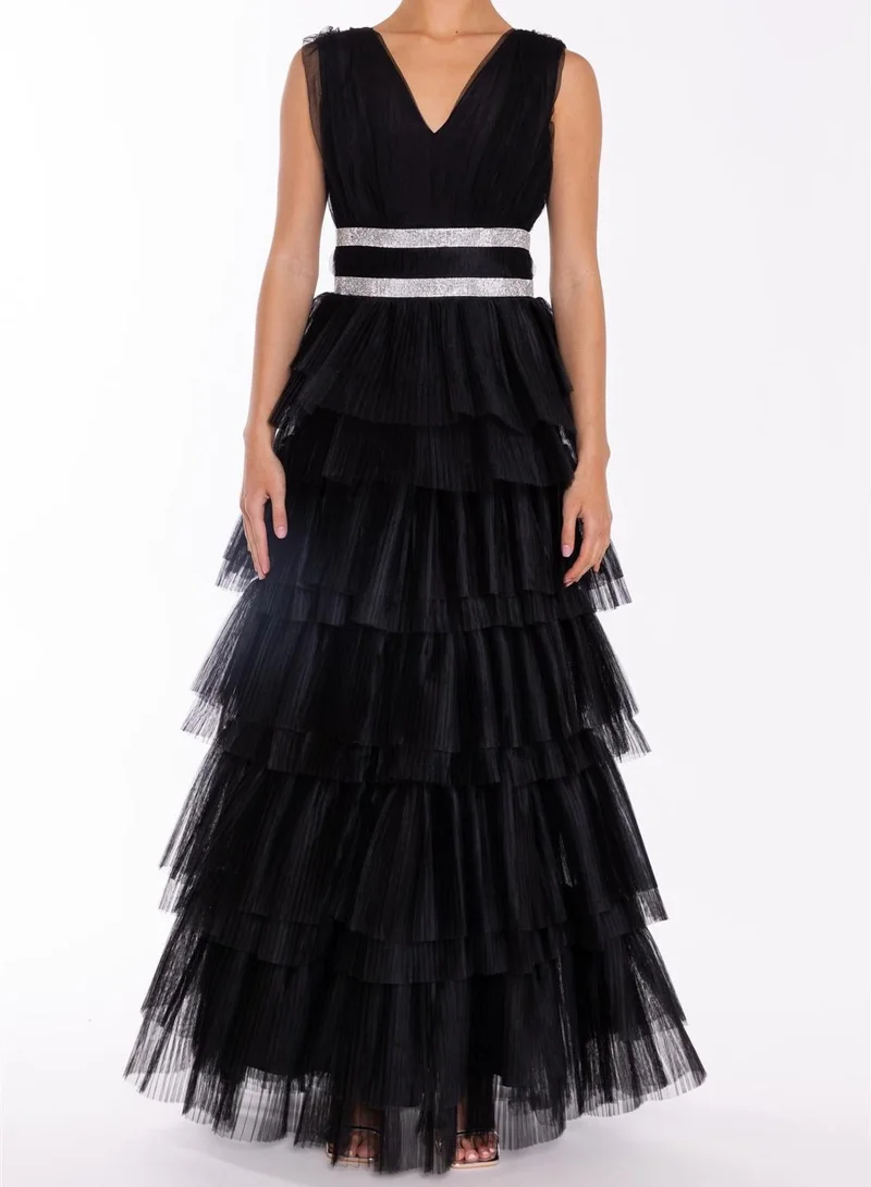 Elizabeth Black Diamante Belted Tulle Maxi Dress