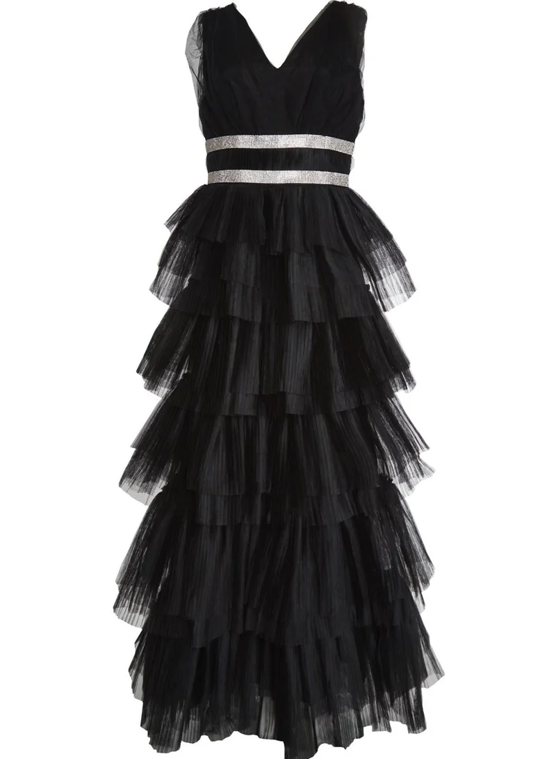 True Decadence  Elizabeth Black Diamante Belted Tulle Maxi Dress for Women | Best Price UAE