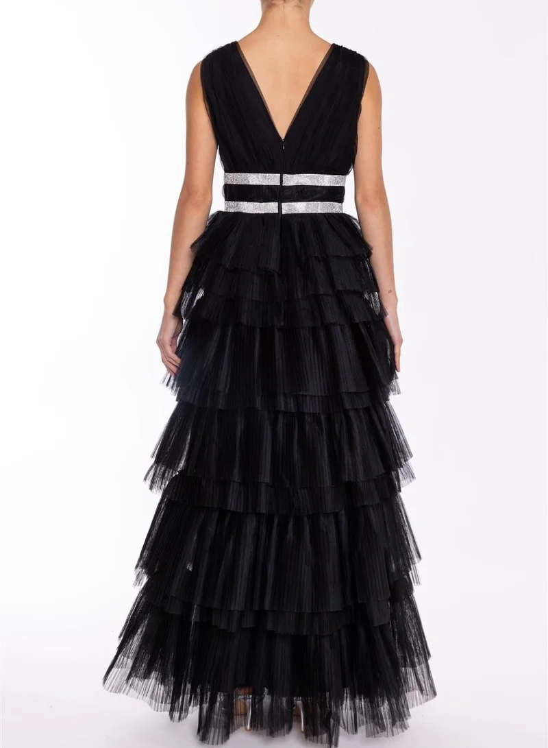 True Decadence Elizabeth Black Diamante Belted Tulle Maxi Dress