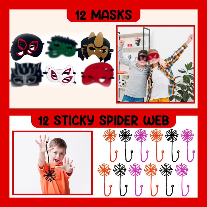 Time4Relax 60Pcs Superhero Party Favor for Kids Birthdays, Gifts for Boys-Girls and Amazing Friends, Action Hero Supplies, Spider Decorations, Includes Masks, Slap Bracelets, Bags, Stickers, Sticky Web - Image 4
