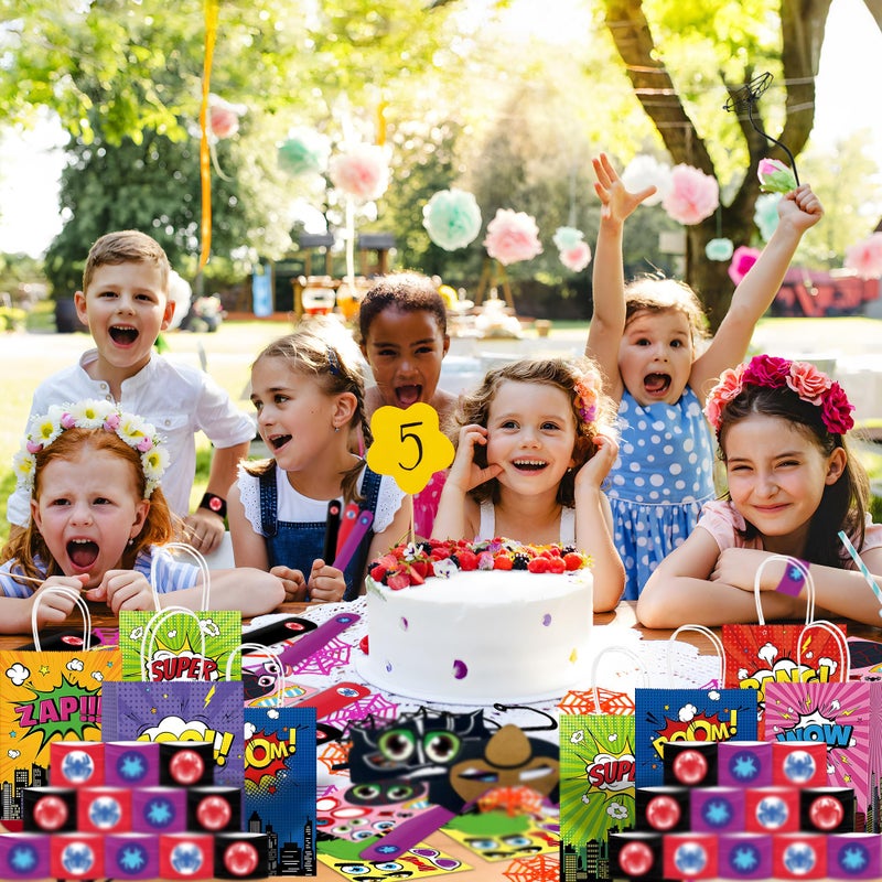 Time4Relax 60Pcs Superhero Party Favor for Kids Birthdays, Gifts for Boys-Girls and Amazing Friends, Action Hero Supplies, Spider Decorations, Includes Masks, Slap Bracelets, Bags, Stickers, Sticky Web - Image 3