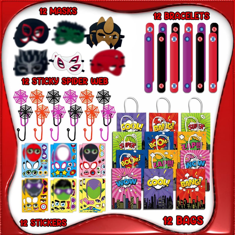 Time4Relax 60Pcs Superhero Party Favor for Kids Birthdays, Gifts for Boys-Girls and Amazing Friends, Action Hero Supplies, Spider Decorations, Includes Masks, Slap Bracelets, Bags, Stickers, Sticky Web - Image 2