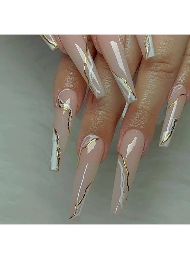 YoYoee Press on Nails Long Coffin False Nails with Designs Swirl Full Cover Fake Nails Tips for Women and Girls 24Pcs - Image 1