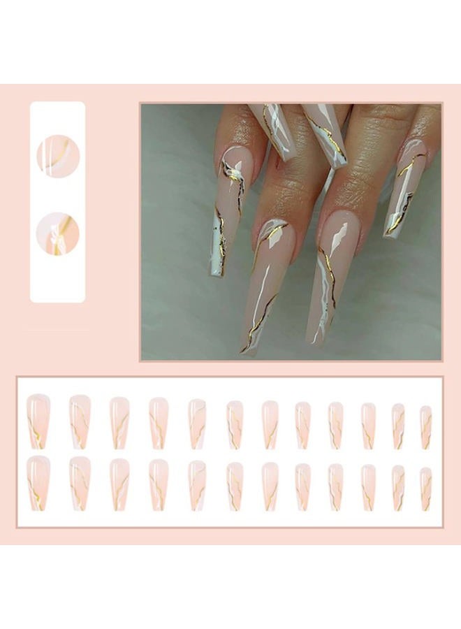 YoYoee Press on Nails Long Coffin False Nails with Designs Swirl Full Cover Fake Nails Tips for Women and Girls 24Pcs - Image 2