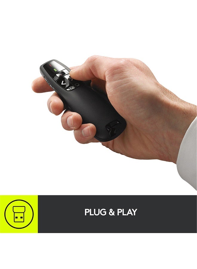 Wireless Presentation Remote R400 , 2.4 GHz, USB-Receiver, Red Laser Pointer, 15-Meter Operating Range, 6 Buttons, Intuitive Slideshow Control, Battery Indicator, PC Black