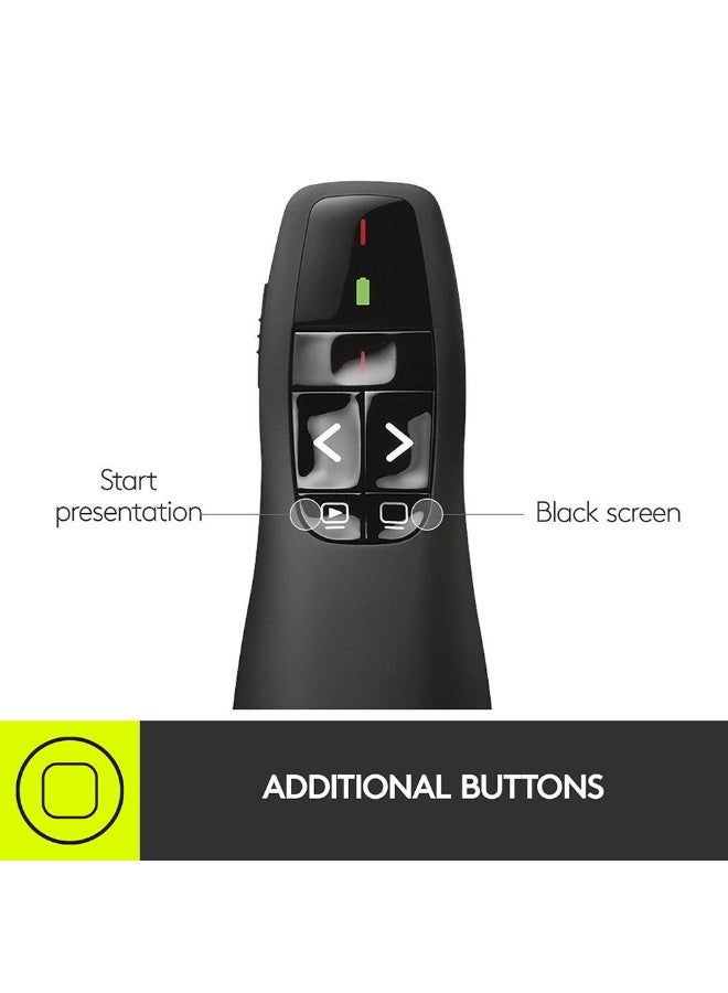 Wireless Presentation Remote R400 , 2.4 GHz, USB-Receiver, Red Laser Pointer, 15-Meter Operating Range, 6 Buttons, Intuitive Slideshow Control, Battery Indicator, PC Black - Image 4