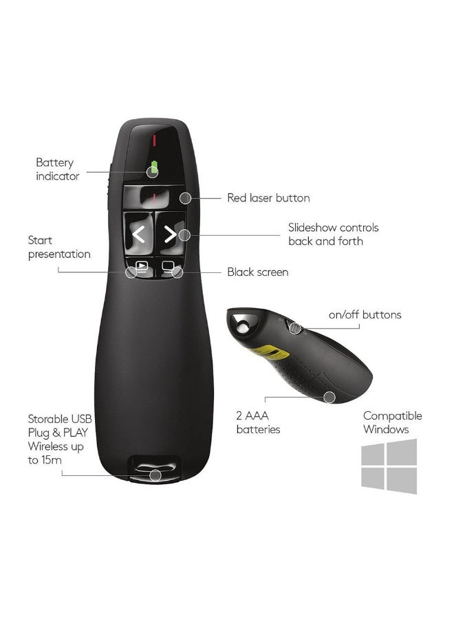 Wireless Presentation Remote R400 , 2.4 GHz, USB-Receiver, Red Laser Pointer, 15-Meter Operating Range, 6 Buttons, Intuitive Slideshow Control, Battery Indicator, PC Black - Image 3