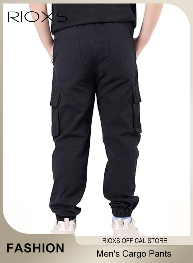 ريوكس بنطلون كارغو كلاسيكي للرجال، بنطلون رياضي فضفاض بخصر مطاطي ورباط مع جيوب متعددة، بنطلون رياضي مريح وقابل للتنفس مع أساور، بنطلون رياضي للرجال، بنطلون رياضي مطاطي للخروج والسفر والرياضة والترفيه اليومي، أسود - Image 2