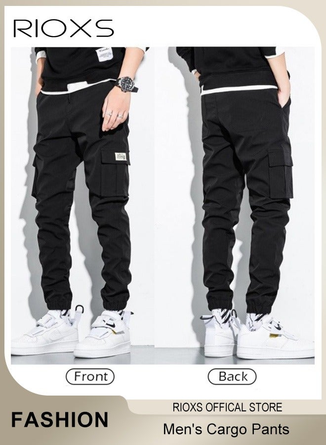 ريوكس بنطلون كارغو كلاسيكي للرجال، بنطلون رياضي فضفاض بخصر مطاطي ورباط مع جيوب متعددة، بنطلون رياضي مريح وقابل للتنفس مع أساور، بنطلون رياضي للرجال، بنطلون رياضي مطاطي للخروج والسفر والرياضة والترفيه اليومي، أسود - Image 3